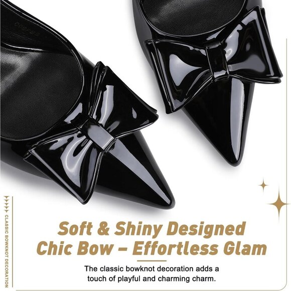 🆕Women's Black Faux Leather Pointed Toe Slingback Kitten Heels Bow Knot Sandals - Picture 2 of 8